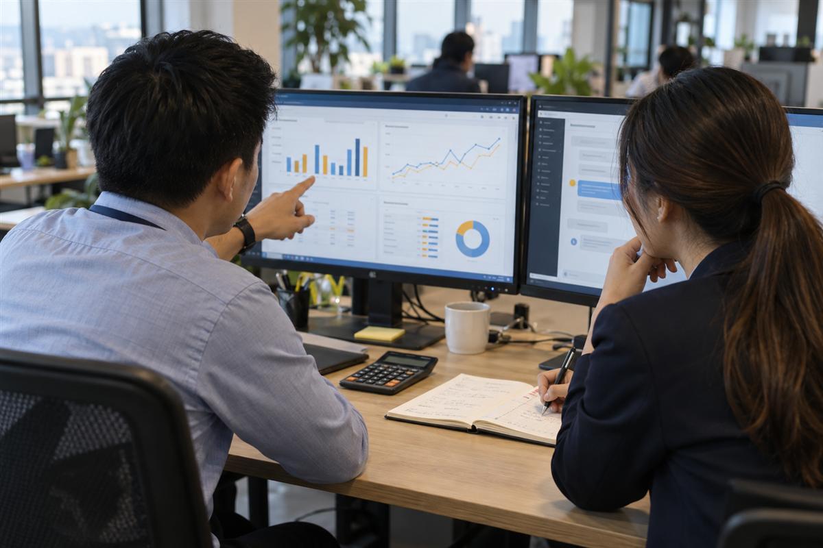 Nhân sự doanh nghiệp kết hợp dashboard và AI để phân tích dữ liệu ERP
