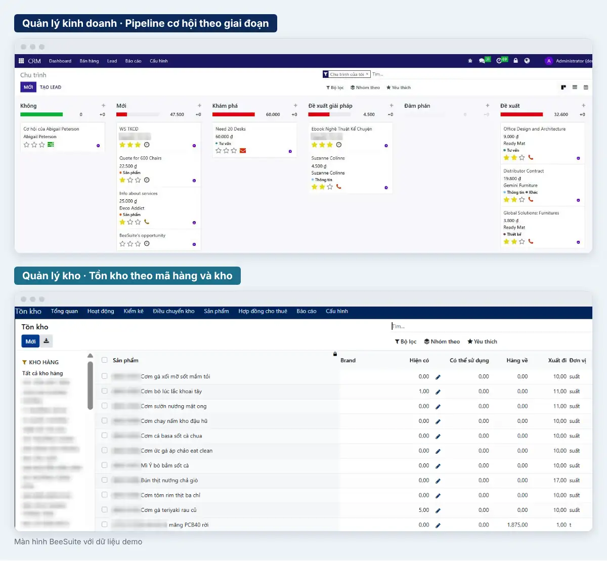 Dashboard pipeline kinh doanh và dashboard tồn kho trên ERP dành cho từng vai trò quản lý