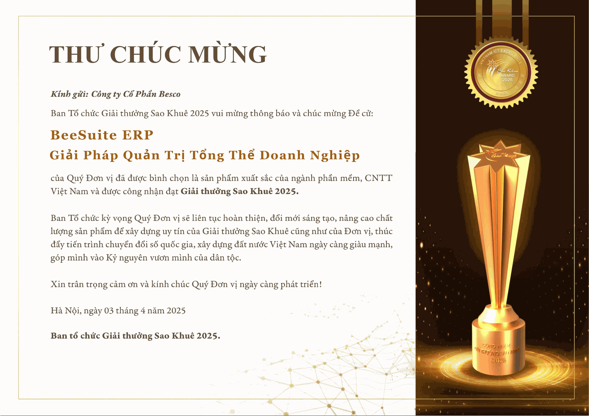 Thư chúc mừng BeeSuite ERP thắng giải thưởng Sao Khuê 2025